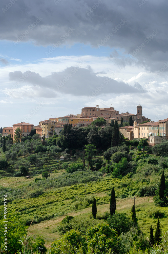 View of the village of Lari, with the Vicari castle, in the province of Pisa, on the hills overlooking the sea