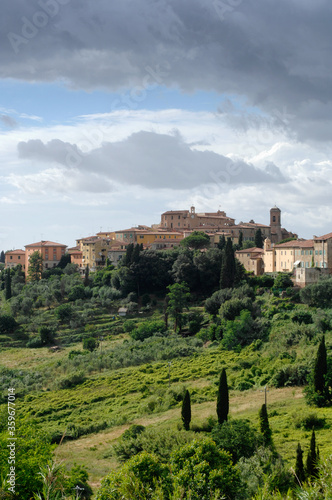 View of the village of Lari  with the Vicari castle  in the province of Pisa  on the hills overlooking the sea