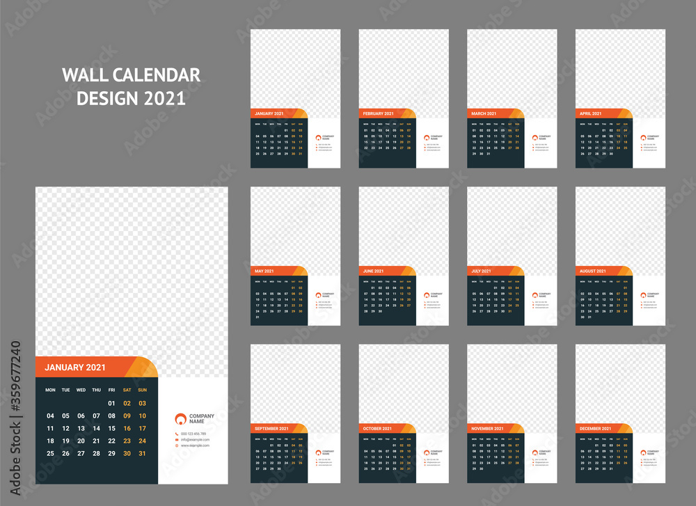 Wall calendar template for 2021 year. Week starts on Monday. Vector ...