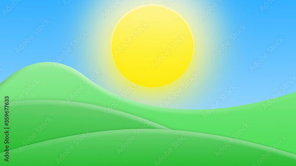 Landscape of  green fields, hills and bright blue sky. Cartoon style 3D illustration