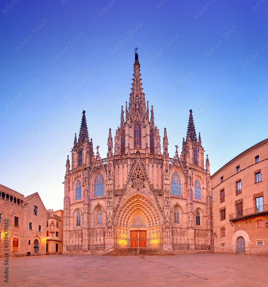 Cathedral of Barcelona at night. Gothic Barcelona Cathedral at dawn with rising Sun, panoramic image.