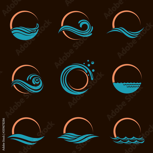 abstract collection of sun and sea icons isolated on black background