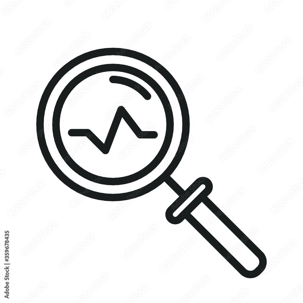 Magnifying glass icon with pulse. Vector illustration. Business concept loupe analysis pictogram. Magnifying glass icon with pulse. Vector illustration. Business concept loupe analysis pictogram.
