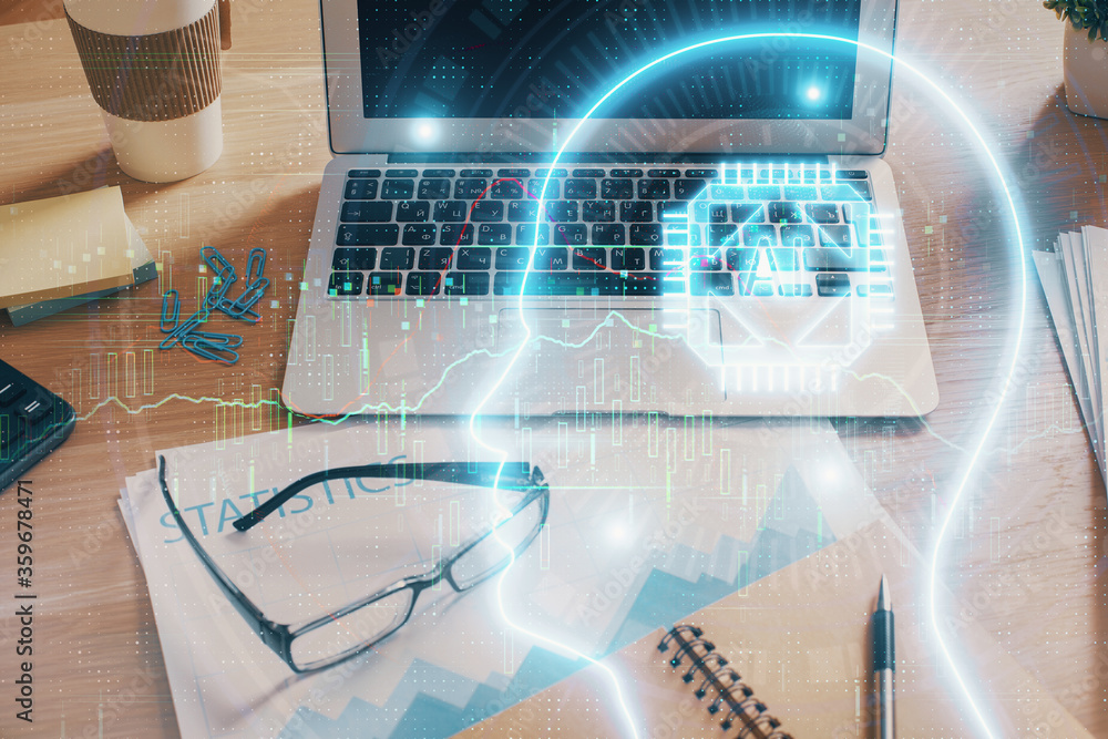 Double exposure of desktop computer and human brain drawing hologram. Ai concept. Double exposure of desktop computer and human brain drawing hologram. Ai concept.