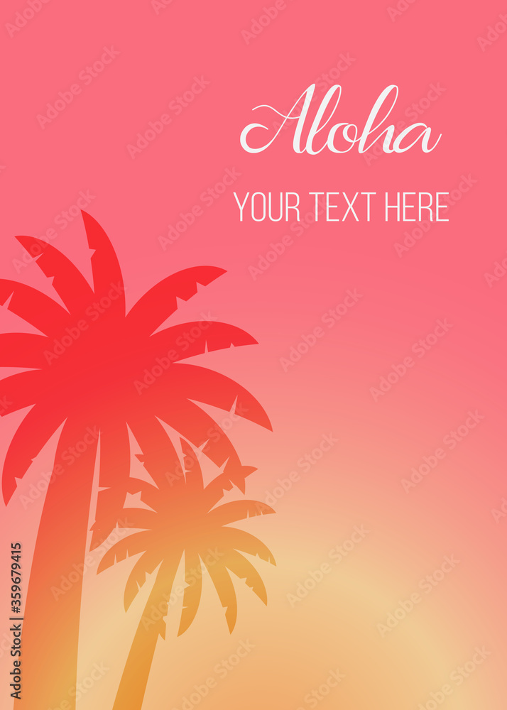 Naklejka premium Vector illustration of sunset and palm trees with place for text. For invitation, greeting card, mailing, advertisement of travel agency, poster, article, promotion, web and advertising banner.