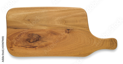 Deska do krojenia lub serwowania potraw na białym tle. Z naturalnego drewna tekowego