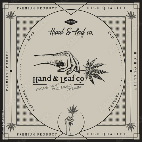 Hand with cannabis leaf. Marijuana logo template. CBD, hemp, weed set. Cannabis collection for cbd company business