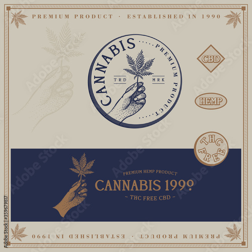 Hand with cannabis, marijuana, weed, hemp leaf. Logo design template for cbd, hemp, weed company. Cbd oil business