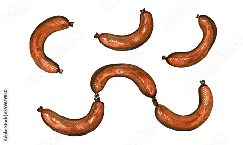Hand drawn marker food illustration. Fried meat sausages isolated on white background. Healthy breakfast in the morning. Cooking concept