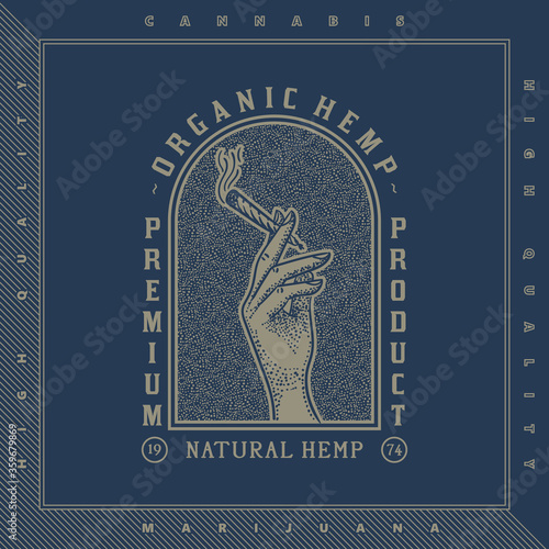 Hand with cannabis, weed, hemp joint logo. Marijuana, cbd, thc symbol for cbd oil design