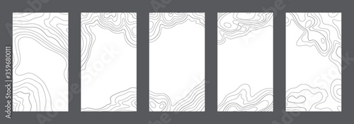 Contour lines on topographic maps, geographic map pattern. Vector set of social media stories template with copy space