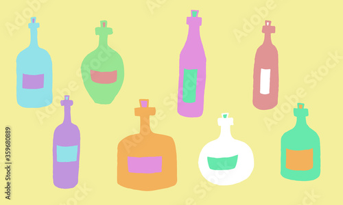 Hand drawn vector illustration of bottles. Collection of colorful glass vials with cork for drink or medicine isolated on yellow background