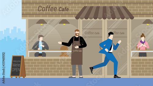 Banner of business office man lifestyle in hurry life in rush hour. Run through without an interesting coffee cafe owner welcome.