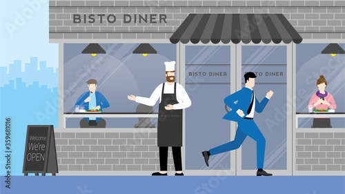 Banner of business office man lifestyle in hurry life in rush hour. Run through without an interesting restaurant owner welcome.