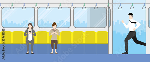Banner of business office man lifestyle in hurry life in rush hour. Running to train public transportation.