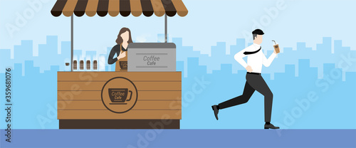 Banner of business office man lifestyle in hurry life in rush hour. Run through coffee shop kiosk. Taking on the go ready to drink coffee.