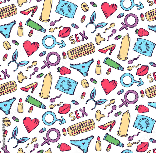 Sex intimate relationships doodle cartoon colorful icons seamless vector pattern
