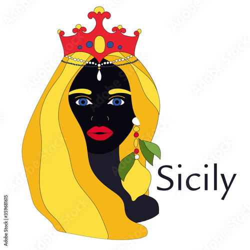 Traditional sicilian vase with moor head with yellow hair. Moorish idol. Italy, Sicily. Vector illustration of sicilian symbol, souvenir. Postcard, print design. Black skin woman. Woman, queen