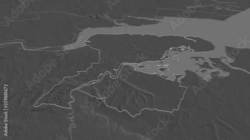 Medway, unitary authority with its capital, zoomed and extruded on the bilevel map of England in the conformal Stereographic projection. Animation 3D photo