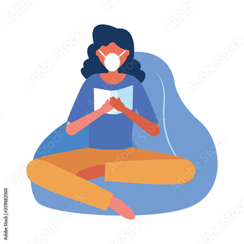 Woman with medical mask on puf vector design
