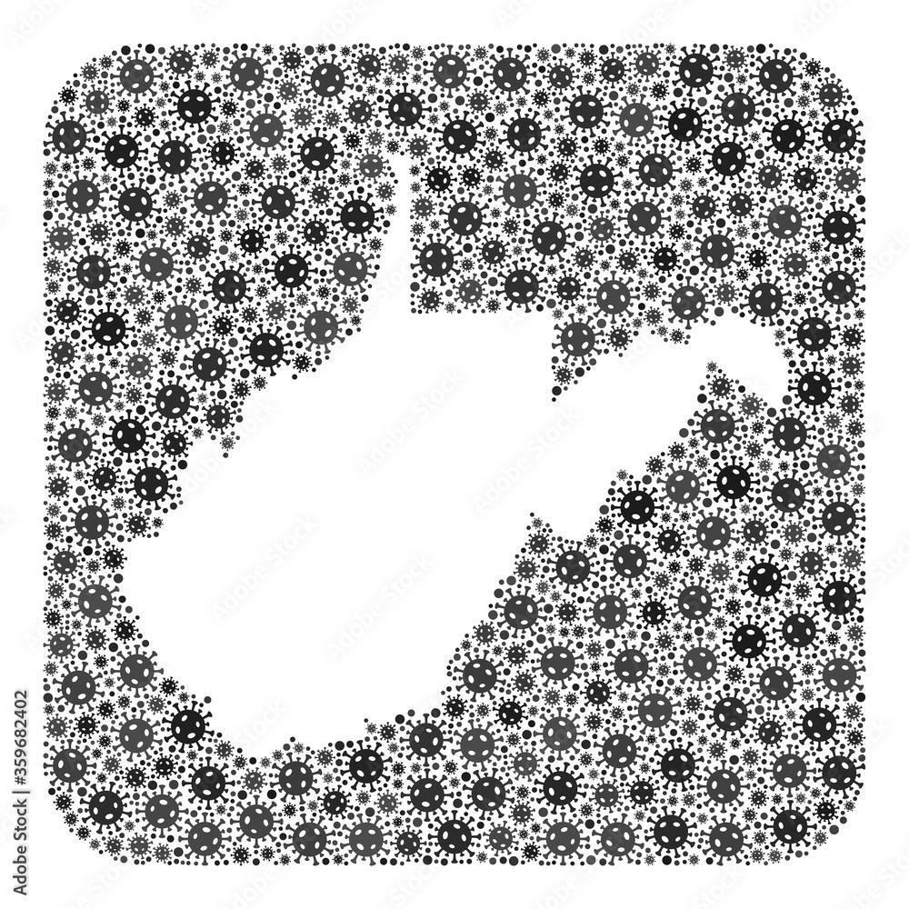 Covid map of West Virginia State collage designed with rounded square and hole. Vector map of West Virginia State mosaic of covid-2019 particles in variable sizes and gray color tones. Covid map of West Virginia State collage designed with rounded square and hole. Vector map of West Virginia State mosaic of covid-2019 particles in variable sizes and gray color tones.