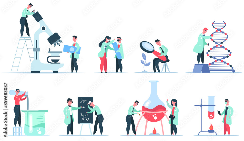 Laboratory scientist. Science research, clinic microbiology, pharmaceutical, biochemical and DNA experiments isolated vector illustration set. Scientist medical research, scientific test