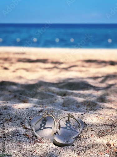 Pair of sandals on sand with beach view