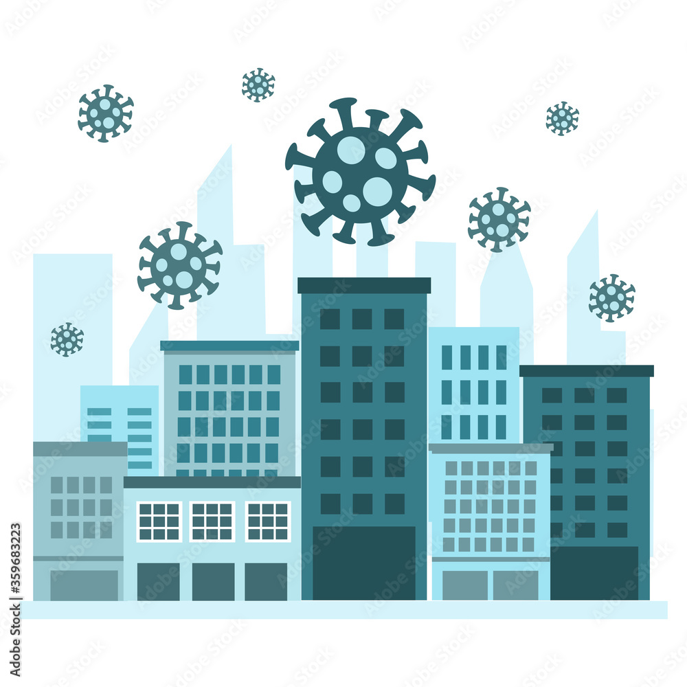 Covid-19 coronavirus spreading in the city concept vector illustration on white background. Cityscapes, quarantine, lockdown flat design. Covid-19 coronavirus spreading in the city concept vector illustration on white background. Cityscapes, quarantine, lockdown flat design.