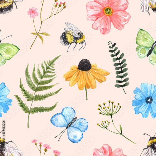 Watercolor colourful summer floral seamless pattern with wild flowers, butter...