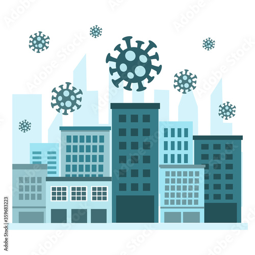 Covid-19 coronavirus spreading in the city concept vector illustration on white background. Cityscapes, quarantine, lockdown flat design. 