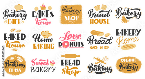 Bakery hand drawn lettering. Pastry bread hand drawn lettering labels, baking foods badges. Bakery pastry cafe stamps vector isolated icons set. Bakery organic bread, shop lettering badge illustration