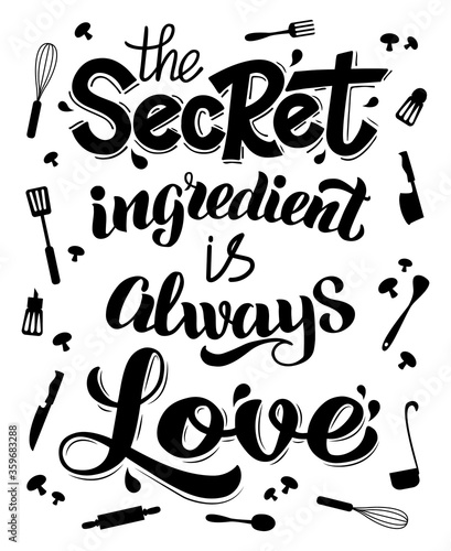 Food lettering poster. Typography cooking lettering, hand written kitchen quote. Food lettering banner vector illustration. Cooking calligraphy and typography, lettering quote