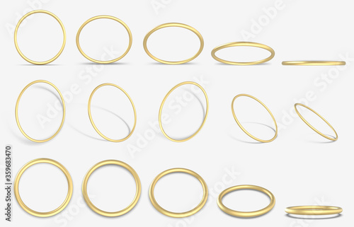 Realistic golden 3D ring. Gold decorative geometric round rings, 3d yellow gold metallic rings vector illustration icons set. Golden ring realistic, bright jewelry, luxurious glowing photo