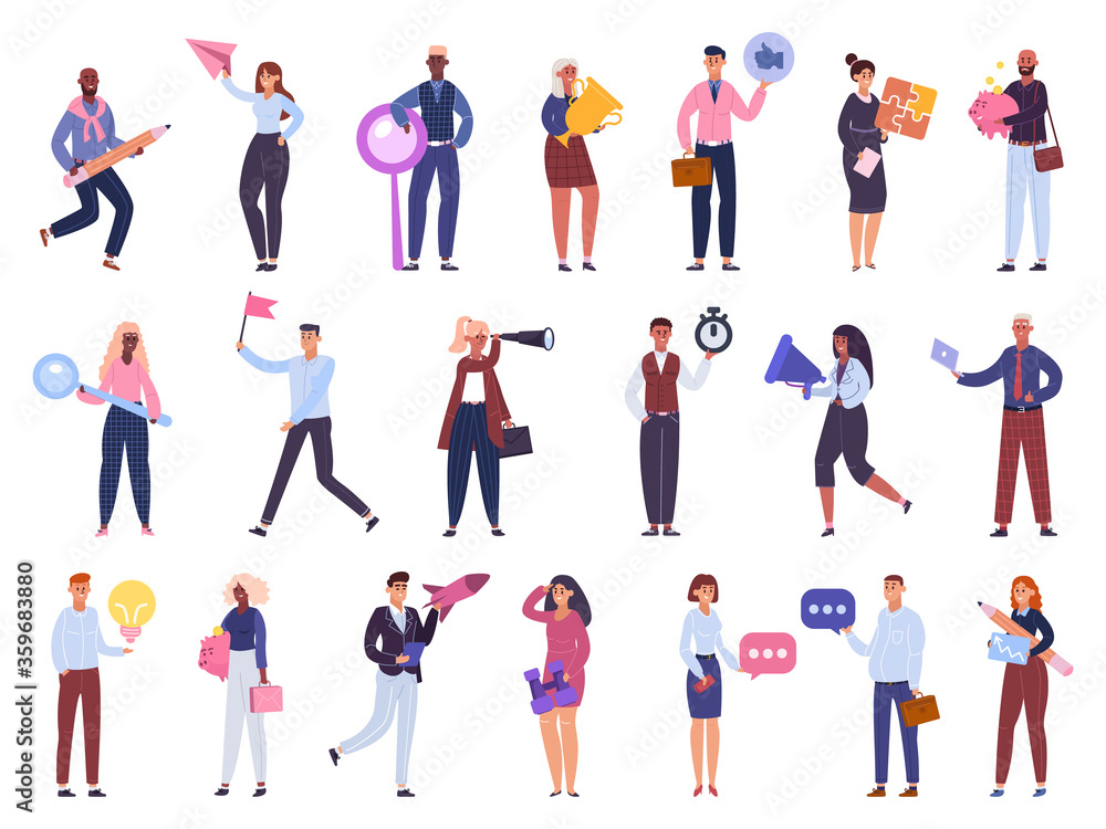 Business workers. Office people characters team, brainstorming, time management and startup business isolated vector illustration set. Characters businesswoman and man, teamwork community company