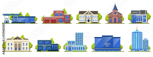 Modern city building. Public contemporary shopping center exterior, school facade, hotel and fire station vector illustration icons. Contemporary structure town, library municipal illustration