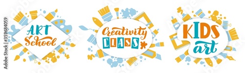 Creative kids art concept. Kids art class lettering, handwritten creativity children center, hand drawn creative studio vector illustration set. Creativity drawn lettering, brush artistic class