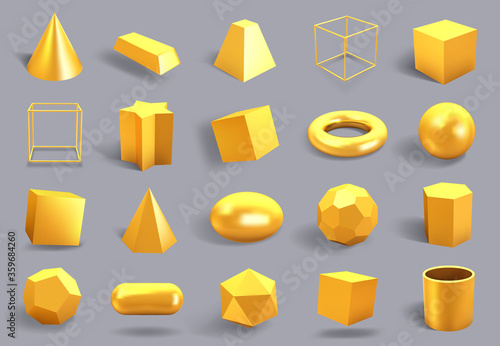 Realistic 3D gold shapes. Golden metal geometric shape, shiny yellow gradient cube, sphere and prism figures vector illustration icons set. Yellow gold realistic, polygonal form 3d, square and prism