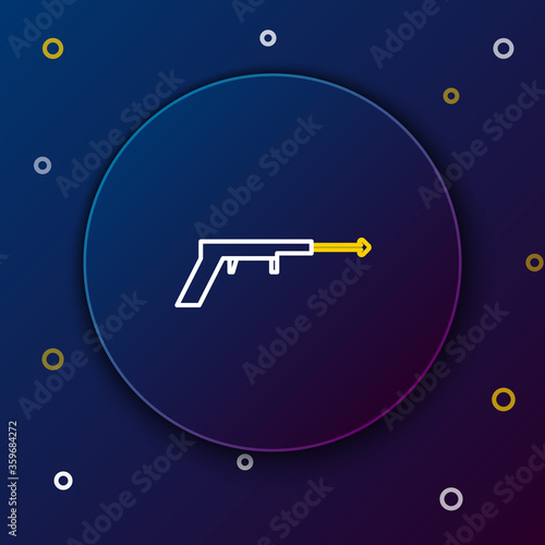 Line Fishing harpoon icon isolated on blue background. Fishery manufacturers for catching fish under water. Diving underwater equipment. Colorful outline concept. Vector.