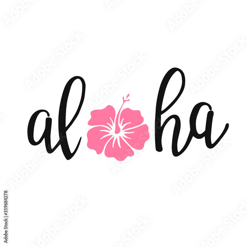 Aloha - hand written lettering. Text isolated on white background with design elements. Summer typography for photo overlays, t-shirt print, flyer, poster design. Beach life message