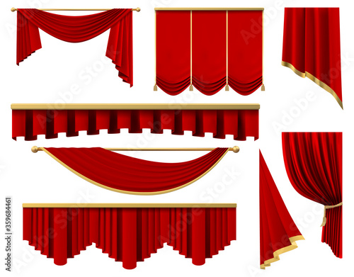 Vintage red realistic curtains. Stage luxury scarlet fabric curtain, silk interior lambrequin draperies vector illustration set. Premiere red portiere with golden for theater or cinema elements