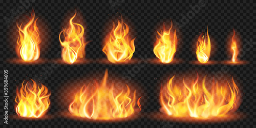Realistic flames. Burning red wildfire flames, blazing fiery spurts of flame, burn bonfire silhouette isolated vector illustration set. Fiery red, wildfire blaze, burn flame photo