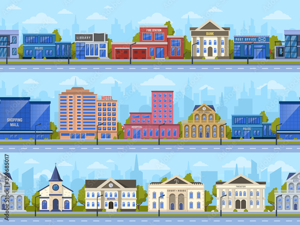 City street panorama. City road streets cityscape, town buildings, bank, school and shopping mall exterior vector background illustration set. Building city street and panorama urban downtown facade
