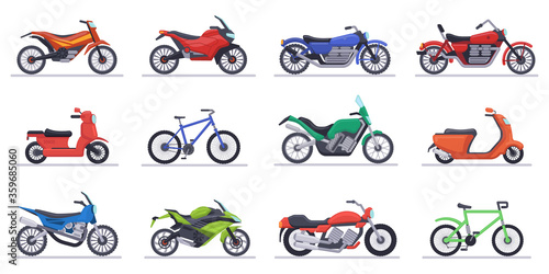 Motorcycles and scooters. Motorbike, speed bikes modern vehicles, scooters, motocross bike and choppers isolated vector illustration icons set. Motorbike speed and transportation ride collection
