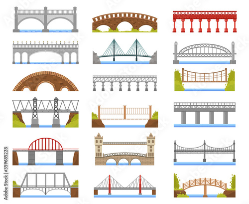 Architecture bridge. Urban river bridge building, arch, cable-stayed, beam and suspension bridges isolated vector illustration set. Bridge arch building, architecture construction collection
