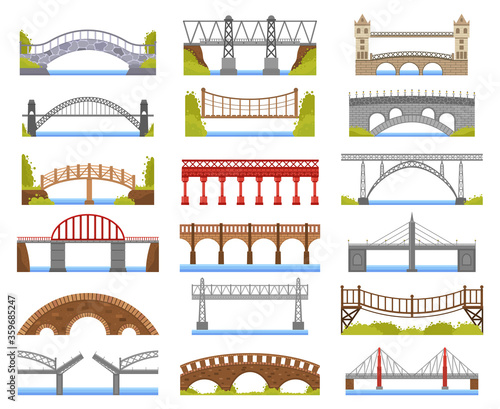 City bridge. Urban crossover bridge construction, truss and tied arch river bridge, carriageway architecture vector illustration icons set. Arch construction urban, railway construct bridge