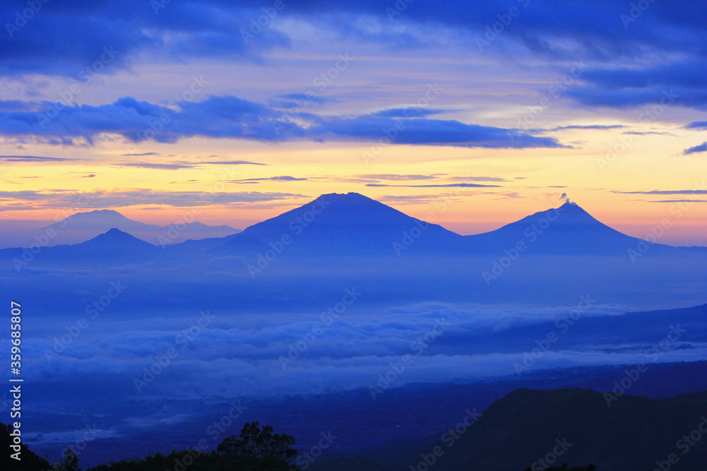 sunset in the mountains OF PRAU, WONOSOBO, INDONESIA 