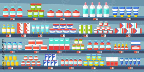 Medicine pharmacy shelves. Pharmacy shop interior, medicine pills bottles, painkiller treatments drugstore medical concept vector illustration. Pharmacy medicament, care drugstore interior
