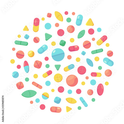 Medical pills concept. Pharmacy supplements, pills and painkiller capsule, tablets antibiotic pills drugstore medical vector illustration. Tablet and vitamin, capsule and pill, medicament antibiotic
