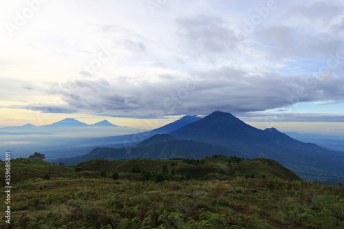 THE VIEW AT THE TOP OF PRAU MOUNTAIN IN WONOSOBO, CENTRAL JAVA, INDONESIA 
