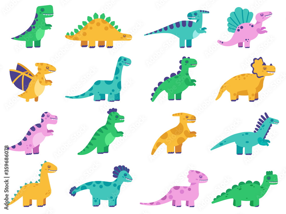 Cute dinosaurs. Hand drawn comic dinosaurs, funny dino characters, tyrannosaurus, stegosaurus and diplodocus vector isolated illustration set. Dinosaur animal, triceratops dino
